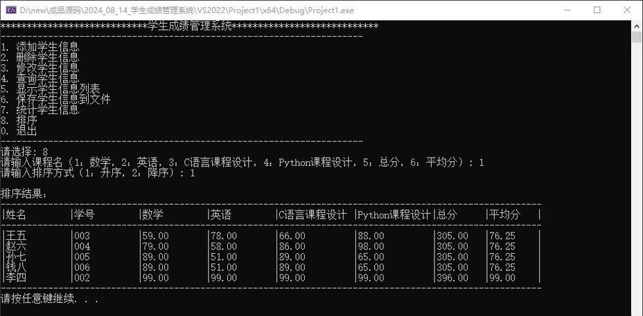 c语言学生成绩管理系统表格
