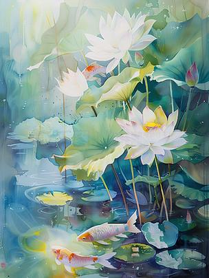 荷花鱼图片大全大图 水彩画