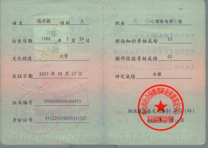 心理咨询师职业能力水平评价证书