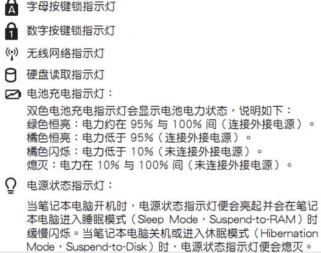 华硕笔记本指示灯符号含义
