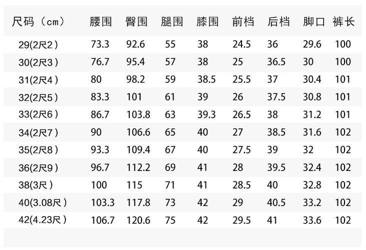 裤子尺码对照表标准
