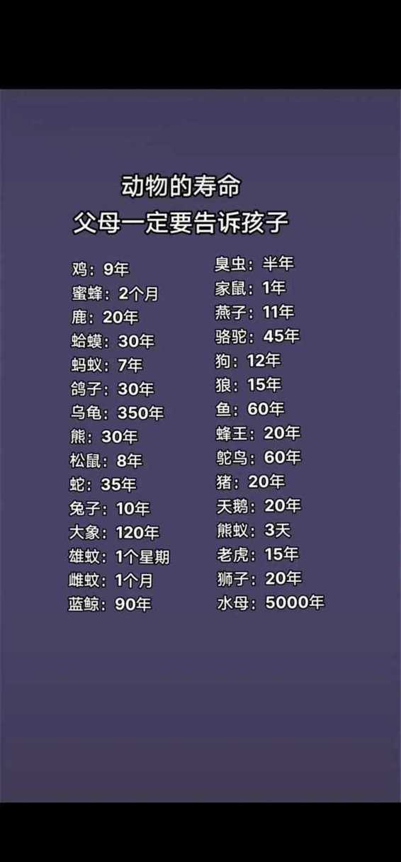 动物寿命100排名