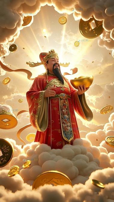 财神爷一手拿元宝一手拿如意